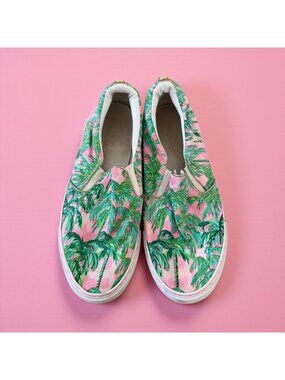 LILLY PULUTZER Pink Green Palm Tree Print Slip On Sneakers Size 7